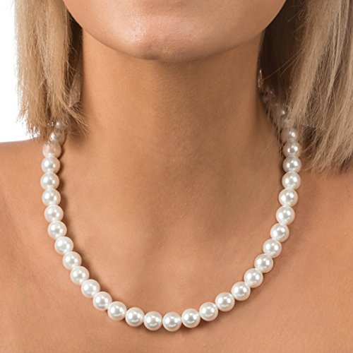 PAVOI 925 Sterling Silver Round Simulated Shell Pearl Necklace Strand | Pearl Choker Necklace | Jewelry for Women - size: 18 Inches, style: 10mm