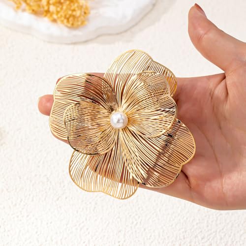 Large Gold Layered Flowers Brooches for Women Filigree Lapel Pins | Chunky Golden Floral Big Pin Trendy Big Fake Pearls Petal Statement Jewelry 70s 80s Costume Outfit Cloth Accessories