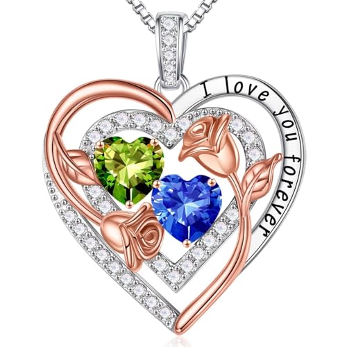 Iefil Heart Birthstone Necklace for Women - Double Birthstone Jewelry | 925 Sterling Silver, Gift Box Packaging, Anniversary Birthday Gifts for Women Wife Mom - color: 08-09-Aug-Sept Birthstone