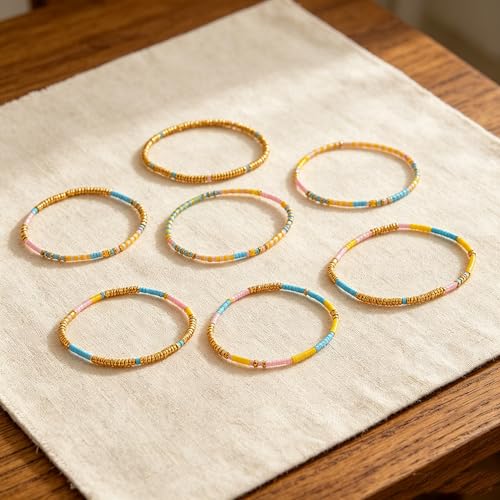 Colorful Stackable Rice Small Mini Seed Beaded Bracelets Set For Women, Handmade Dainty Boho Gold Glass Stretch Accessories Jewelry,Summer Beach Party Daily Friendship Gift - color: 8Pcs Blue Yellow