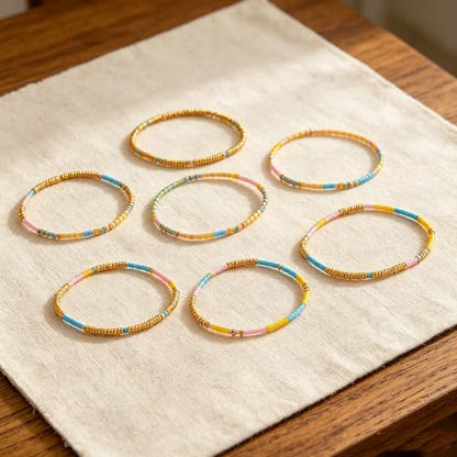 Colorful Stackable Rice Small Mini Seed Beaded Bracelets Set For Women, Handmade Dainty Boho Gold Glass Stretch Accessories Jewelry,Summer Beach Party Daily Friendship Gift - color: 8Pcs Blue Yellow