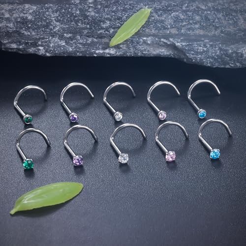 ASTM F136 Titanium Nose Rings 18G 20G 22G Jeweled Mix Color CZ Nose Studs Ring Screw L-Shaped Bone Hypoallergenic Nostril Body Piercing Jewelry for Women 1.5mm 2mm 2.5mm 3mm 10PCS - style: Screw:18G(1.0mm)-2mm CZ