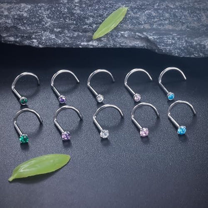 ASTM F136 Titanium Nose Rings 18G 20G 22G Jeweled Mix Color CZ Nose Studs Ring Screw L-Shaped Bone Hypoallergenic Nostril Body Piercing Jewelry for Women 1.5mm 2mm 2.5mm 3mm 10PCS - style: Screw:22G(0.6mm)-2mm CZ