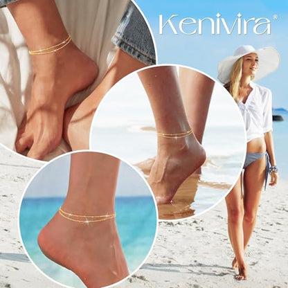 Kenivira Gold/Silver Ankle Bracelets for Women Dainty,18K Gold Plated/Sterling Silver Chain Anklets for Women Waterproof,Layered Anklets Set Non Tarnish Beachy Jewelry Gift - color: gold square