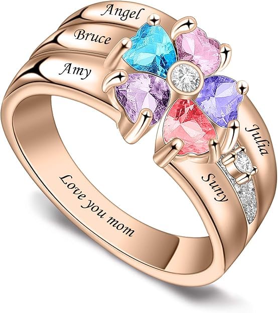 Custom Multi-Stone Family Ring 925 Sterling Silver/10K/14K/18K Gold Colored Personalized (2-8 stones) Birthstone Engraved Ring for Women Mom Wife Jewelry Gifts - style: Five Stone
