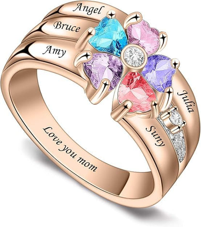 Custom Multi-Stone Family Ring 925 Sterling Silver/10K/14K/18K Gold Colored Personalized (2-8 stones) Birthstone Engraved Ring for Women Mom Wife Jewelry Gifts - style: Five Stone