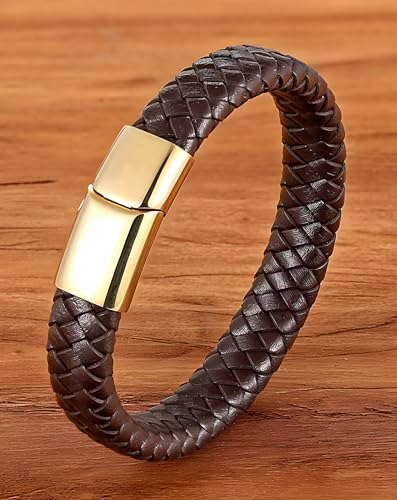 Leather Bracelet for Men, Braided Mens Cuff Bracelets with Stainless Steel Clasp Stacked Multi Style Color Anniversary Father's Day Birthday Christmas Jewelry Gifts for Him - color: Black Clasp & Black Leather