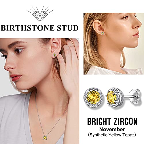 Bestyle Sparkling 925 Sterling Silver Birthstone Stud Earrings for Women, Heart/Round/Teardrop/Square Solitaire Diamond Studs Earrings, Great Birthday/Christmas Gifts - style: 11. Yellow Topaz-Nov.-round