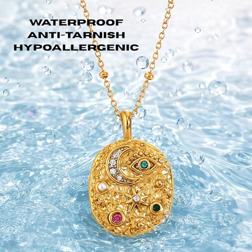 Evil Eye Necklace For Women - 18K Gold Plated Stainless Steel Celestial Moon North Star Eye CZ Gemstone Pendant - Waterproof - Anti-tarnish - Protection Jewelry Gift - style: Moon Star Eye