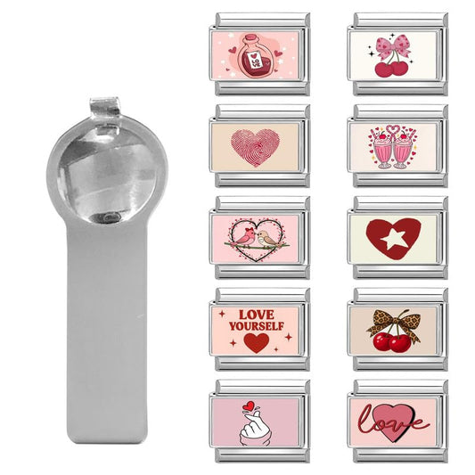 Loozykit Italian Charm Bracelet Silver 9mm Stainless Steel Bulk Charms | Women's Italian Style Charms, DIY removable Bracelets Set with Opening Tool and 10 Modules, Handmade Jewelry Gift for Girls - color: Heart Signal