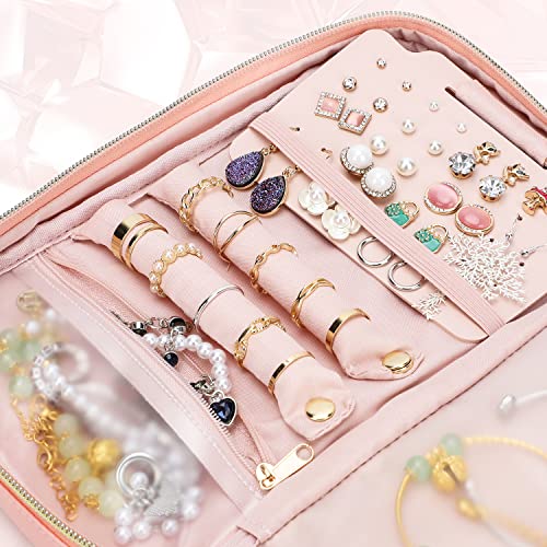 emissary Travel Jewelry Case Organizer for Necklace & Earrings, Pink | Padded slots & necklace ties keep jewelry tangle-free; double-zip, water-repellent travel case for rings & earrings - color: Pink