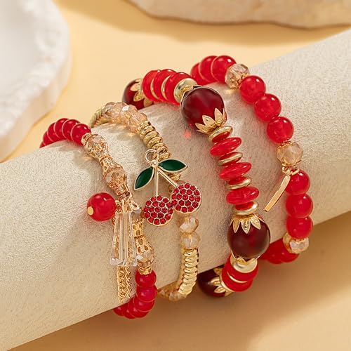 Red Cherry Beaded Bracelets Set for Women Stackable Layered Charm Bracelets Red Beaded Stretch Bracelet Cute Boho Statement Jewelry for Birthday Party Vacation Gift - color: 4PCS Set - Gold Cherry