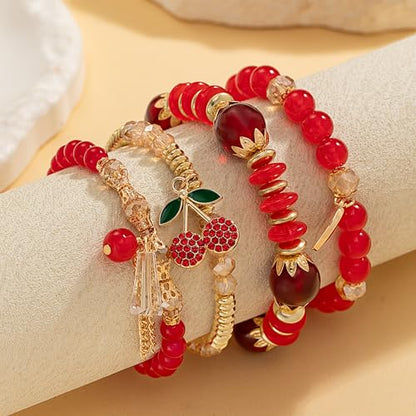 Red Cherry Beaded Bracelets Set for Women Stackable Layered Charm Bracelets Red Beaded Stretch Bracelet Cute Boho Statement Jewelry for Birthday Party Vacation Gift - color: 4PCS Set - Gold Cherry