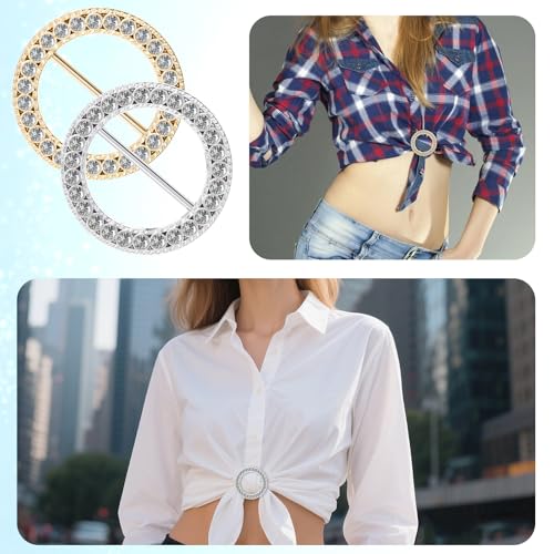4 PCS Scarf Ring, Rhinestones Scarf Clip Shirt Ties Clips for Women Portable Waist Cinch Buckle Waist Tightener Clip Clothing Accessories for Shawl, Sweater, Dress, Pant (Gold, Silver)