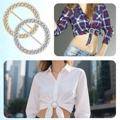 4 PCS Scarf Ring, Rhinestones Scarf Clip Shirt Ties Clips for Women Portable Waist Cinch Buckle Waist Tightener Clip Clothing Accessories for Shawl, Sweater, Dress, Pant (Gold, Silver)