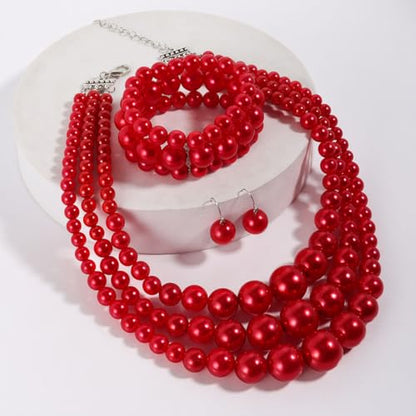 KOSMOS-LI Women's 3 Layer Simulated Pearl Statement 18" Necklace Bracelet and Earrings Jewelry Set Stocking Stuffers - color: red