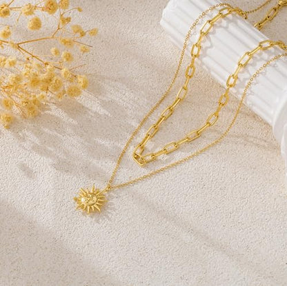 CHESKY Layered Necklaces for Women Trendy, Dainty 14k Gold Plated Pendant Necklace Layering Necklace for Women Non Tarnish Hypoallergenic Sun Gold Necklace Stack Gold Jewelry for Women Gifts - style: Sun-God2