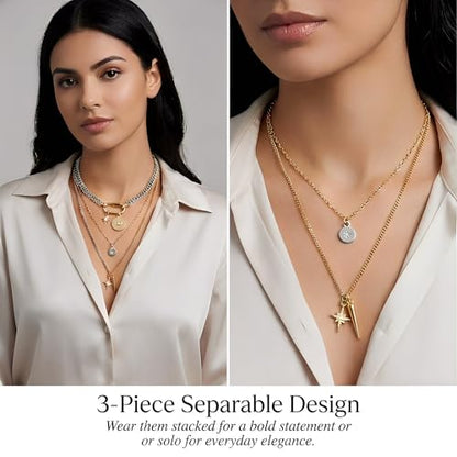 3 Pcs Layered Necklaces for Women, Stackable Statement Jewelry | Trendy stackable jewelry set! 3 separate lightweight chains. Perfect statement gift for women to elevate any daily outfits. - color: Mixed Metal (Silver & Gold)