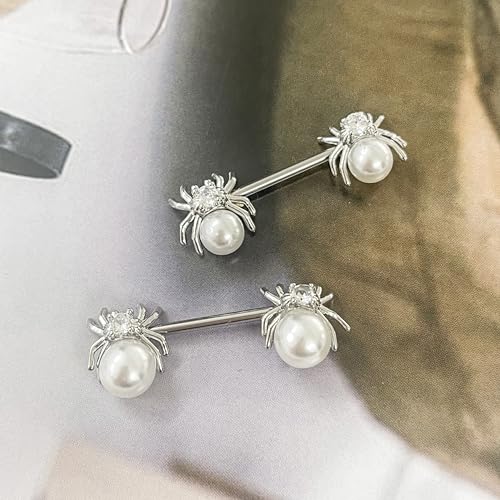 14G White Spider Nipple Rings for Women Surgical Stainless Steel Pearl CZ Spiders Nipplerings Nipple Shield Studs Barbells Halloween Body Piercing Jewelry
