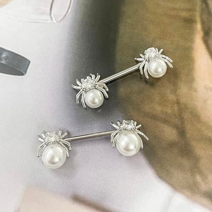 14G White Spider Nipple Rings for Women Surgical Stainless Steel Pearl CZ Spiders Nipplerings Nipple Shield Studs Barbells Halloween Body Piercing Jewelry