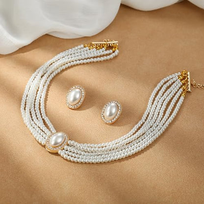 Vintage 1920s Costume Jewelry Multilayer Imitation Pearls Shiny Strand Choker Necklace Large Dangle Earrings for Women Wedding Halloween Cosplay Party Prom Accessories - style: Stud