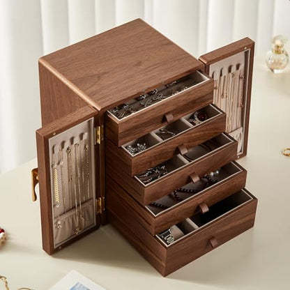 Wooden Jewelry Box, 5 Layer, Black Walnut, 7.9x8.7x10.0in | Large Jewelry Organizer for Women, Brass Handle, For Necklaces Rings Earrings Watches Storage, Gift for Her - size: 5 Layer(7.9"D x 8.7"W x 10"H)