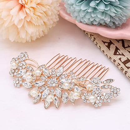 Rose Gold Wedding Hair Comb With Pearls and Crystals Wedding Hair Accessories Bridal Headpiece Or For Parties (Rose God) - color: Rose Gold