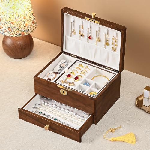 Black Walnut Jewelry Box for Women, Top Lock Wooden Organizer with Drawer | 3 Layer, Solid Wood, Removable Tray, Lock Key, Necklace Ring Earrings Watch Bracelet Case, Handcrafted, Gift for Mom Girls - color: 3 Layer Top Lock