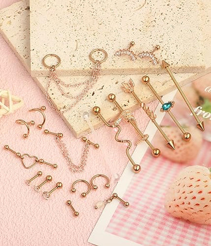 TIANCI FBYJS 7-16pcs 14G Stainless Steel Industrial Piercing Barbell Earring Cartilage Body Jewelry 38mm 1&1/2 Inch Industrial Piercing Bar for Women Men Snake Chain Dangle - color: rose gold