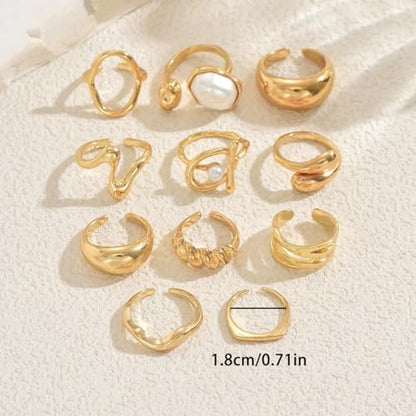 Chunky Gold Rings for Women Non Tarnish, Baroque Pearl Flower Tiger's Eye Stone Rings Adjustable Stacking Statement Rings Set Fashion Jewelry Gifts - style: Small Pearl