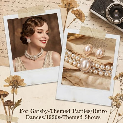 White Bead Necklace and Earring Vintage Gold Pearl Necklace Choker with Rhinestone Adjustable Faux Pearl Costume Jewelry Set for Wedding Bridal Birthday Tea Party