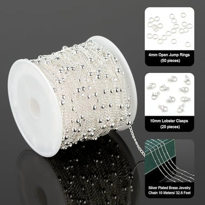 UMAOKANG 32.8 Feet Silver Plated Brass Chain for Jewelry Making Twist Curb Bead Necklace Chains Bulk with Jump Rings and Lobster Clasps - color: Silver Twist Crub Bead