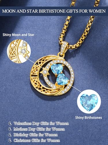 14K Gold Moon and Star Double Birthstone Necklace Gifts for Women - 2 Heart Birthstone Necklace, Mothers Day Wedding Anniversary Birthday Gifts for Wife Mom Daughter Grandma Sister - color: 03-03-Mar-Mar Birthstone