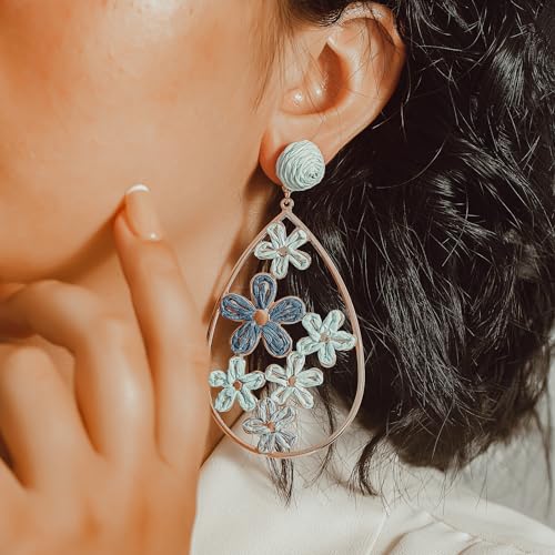 Boho Raffia Flower Teardrop Earrings Cute Colorful Dangle Trendy Jewelry | Floral Drop Statement Big Dangling Earring Hypoallergenic Gold Fun Unique Summer Spring Beach Vacation Outfits for Women - color: Blue