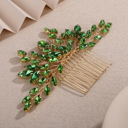 Teyglen Bridal Crystal Hair Comb Full Green Rhinestone Wedding Hair Comb Teardrop Hair Piece for Bride Wedding Hair Accessories for Women Bridal Headpiece (Green) - color: Green