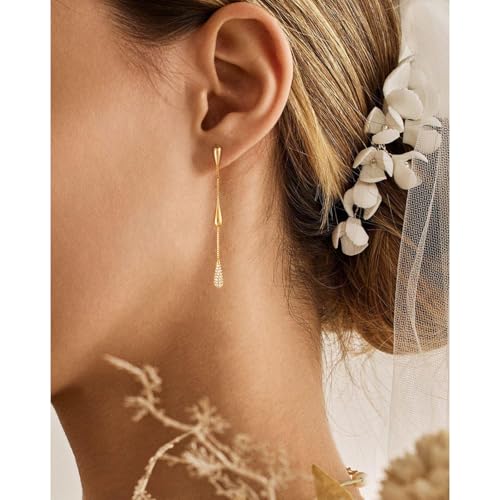 Dangle Earrings for Women Trendy, 14K Gold Plated CZ Huggie Drop Earrings, Dainty Long Chain Prom Wedding Jewelry Gift for Her - style: 1 Pave CZ