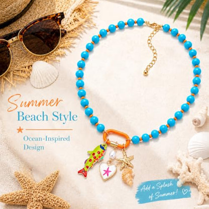 LIU JUN Colorful Beaded Necklace for Women, Chunky Boho Fish Starfish Conch Pendant Acrylic Bead Necklaces Cute Y2K Summer Beach Jewelry Gifts - color: Fish+White Heart