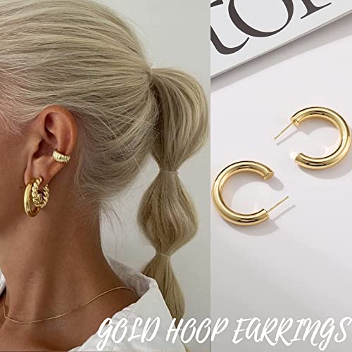 Gold Hoop Earrings Set for Women, 6 Pairs 14K Gold Plated Lightweight Hypoallergenic Chunky Open Twisted Hoops Earrings Pack Jewelry - color: Gold Classic