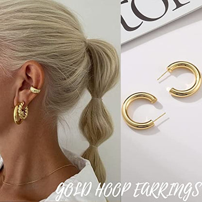 Gold Hoop Earrings Set for Women, 6 Pairs 14K Gold Plated Lightweight Hypoallergenic Chunky Open Twisted Hoops Earrings Pack Jewelry - color: Gold Classic