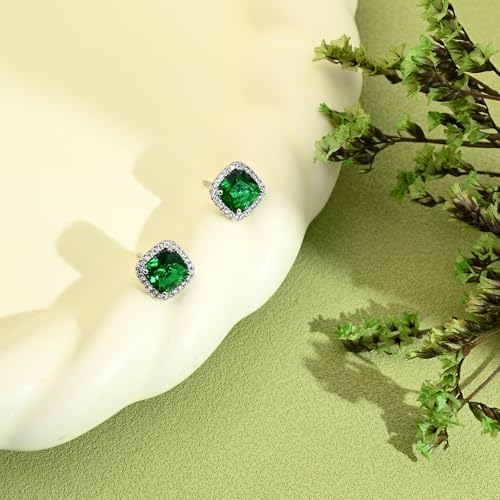 Square Cubic Zirconia Earrings Stud 7mm Birthstone Studs Earrings Hypoallergenic Princess Cut Earrings 925 Sterling Silver Post Studs Earrings for Women - color: Emerald