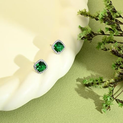 Square Cubic Zirconia Earrings Stud 7mm Birthstone Studs Earrings Hypoallergenic Princess Cut Earrings 925 Sterling Silver Post Studs Earrings for Women - color: Emerald