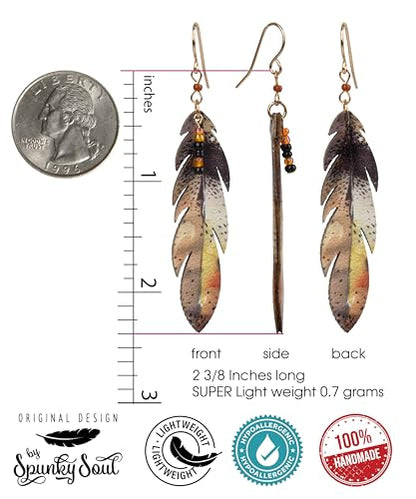 SPUNKYsoul Boho Feather Earrings for Women – Handmade Lightweight Faux Leather Drop Earrings with Earthy Tones – Hypoallergenic & Eco-Friendly Fashion Jewelry - style: Brown/Orange/Creme