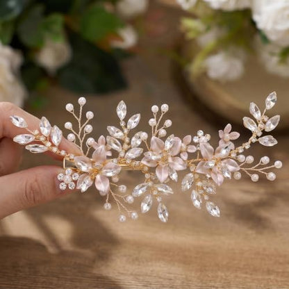 SWEETV Wedding Hair Clip for Brides Comb Bridal Hair Accessories Headpiece | Gold Handmade Flower Pearl Hair Comb Rhinestone Leaf Bridal Headpiece, Crystal Wedding Hair Pieces Brides Bridesmaids Women - color: Rose Gold