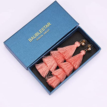 BaubleStar Bohemian Layered Tassel Drop Earrings for Women | Lightweight Statement Party Festival Jewelry - color: Blush