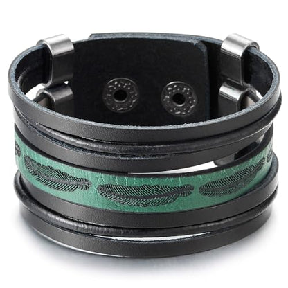 COOLSTEELANDBEYOND Men’s Black and Green Leather Cuff Bracelet, Feather Engraved Layered Wristband, Boho Fashion Jewelry Gift for Him