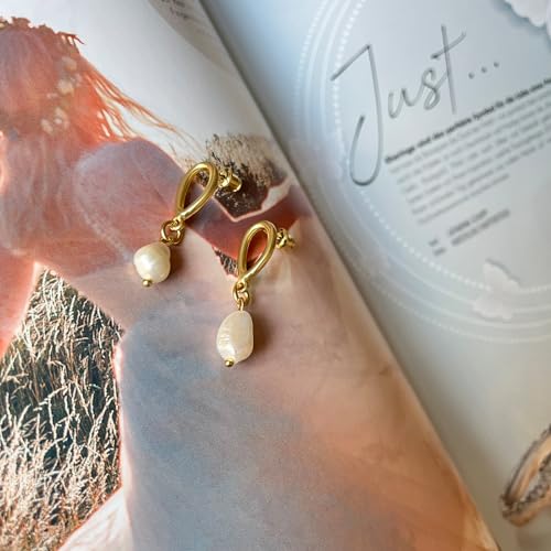 Gold Earrings 14k Gold Plated Hoop Earrings Dainty Pearl hoop Disc Coin Bead Starfish Teardrop Circle Dangle Drop Earrings for Women Hypoallergenic Jewelry Gifts - color: Pearl Earrings-A