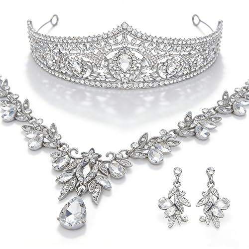 Princess Tiara Crown and Jewelry Sets for Women Wedding Rhinestone Crystal Tiaras and Crowns with Necklace Earrings Party Birthday Accessories - color: Silver White
