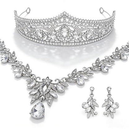 Princess Tiara Crown and Jewelry Sets for Women Wedding Rhinestone Crystal Tiaras and Crowns with Necklace Earrings Party Birthday Accessories - color: Silver White