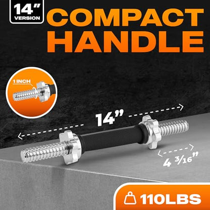 Yes4All Threaded Dumbbell Handles, Adjustable Dumbbell Bar Pair, 14/16/18/24-Inch Sizes, Fits 1" or 1.15" Plates, Non-Slip Grip, Secure Star-Lock Collars - color: 14" - Chrome & Rubber - Silver