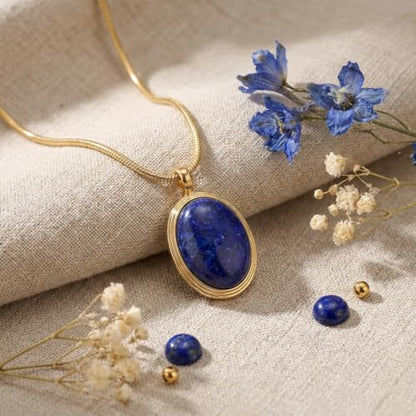 Sonateomber Gold Stone Pendant Necklace for Women, Chunky Statement Dainty Heart Oval Natural Gemstone Dangle Necklaces Wedding Prom Accessories Fashion Jewelry Gift - color: Blue